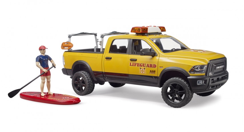 Bruder Toys 02506 RAM 2500 Power Wagon Life Guard with figure - Stand Up Paddle and Light & Sound Module Scale 1:16