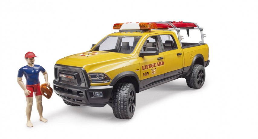 Bruder Toys 02506 RAM 2500 Power Wagon Life Guard with figure - Stand Up Paddle and Light & Sound Module Scale 1:16