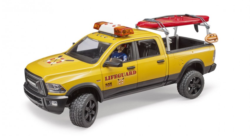 Bruder Toys 02506 RAM 2500 Power Wagon Life Guard with figure - Stand Up Paddle and Light & Sound Module Scale 1:16