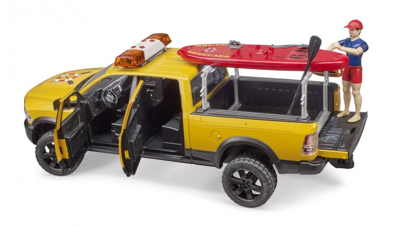 Bruder Toys 02506 RAM 2500 Power Wagon Life Guard with figure - Stand Up Paddle and Light & Sound Module Scale 1:16