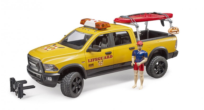 Bruder Toys 02506 RAM 2500 Power Wagon Life Guard with figure - Stand Up Paddle and Light & Sound Module Scale 1:16