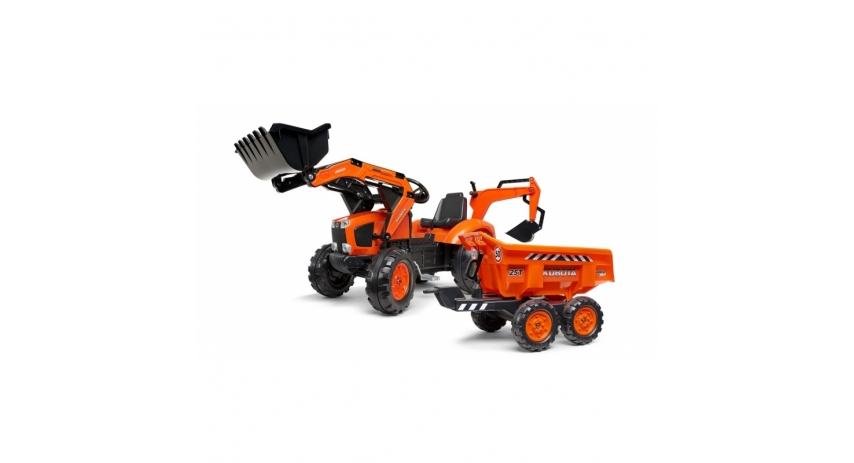 Falk Kubota M135GX Pedal backhoe Loader with Front Loader, Rear Excavator and Maxi Tilt trailer, Ride-on +3 years FA2090W