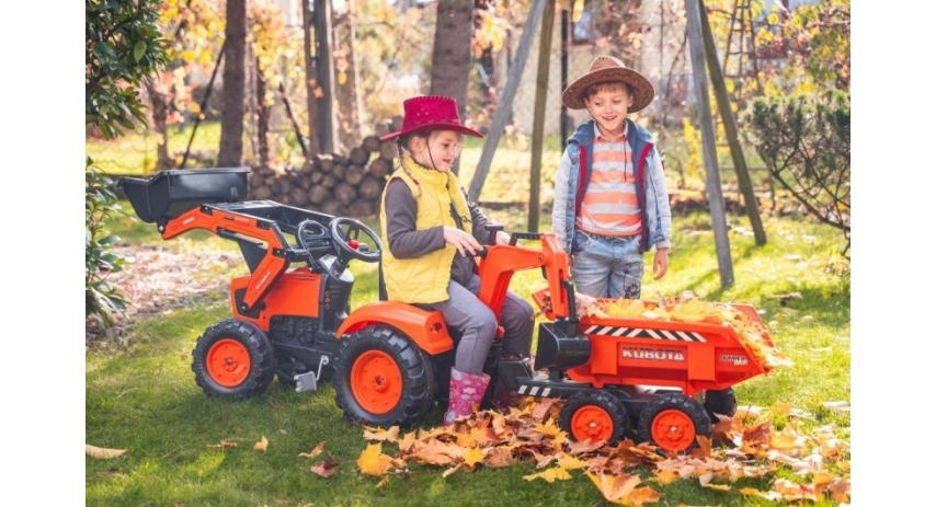 Falk Kubota M135GX Pedal backhoe Loader with Front Loader, Rear Excavator and Maxi Tilt trailer, Ride-on +3 years FA2090W