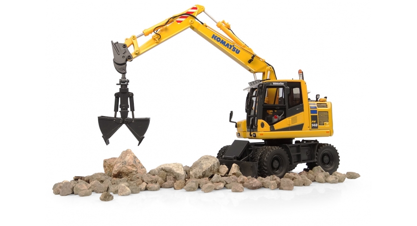 Universal Hobbies 1/50 Scale Komatsu PW148-11 Hydraulic Wheeled Excavator w/Standard & Clamshell Bucket Diecast Replica UH8162