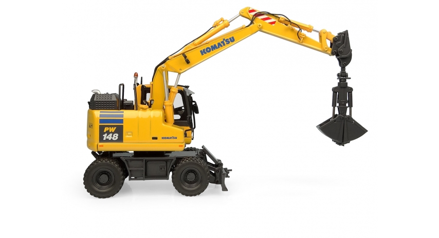 Universal Hobbies 1/50 Scale Komatsu PW148-11 Hydraulic Wheeled Excavator w/Standard & Clamshell Bucket Diecast Replica UH8162