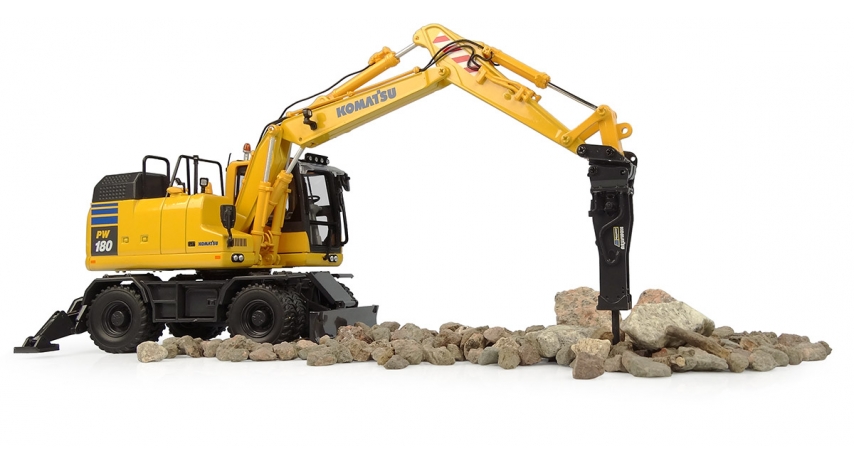Universal Hobbies 1/50 Scale Komatsu PW148-11 Wheeled Excavator w/Standard Bucket & Hydraulic Breaker Diecast Replica UH8163