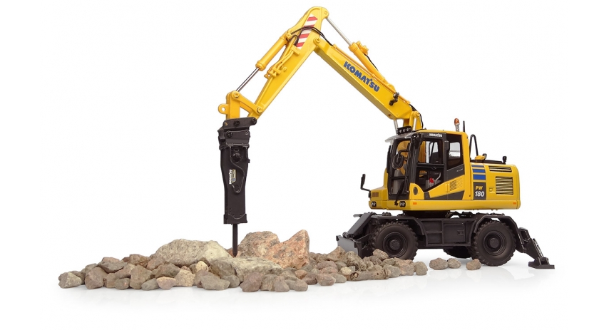 Universal Hobbies 1/50 Scale Komatsu PW148-11 Wheeled Excavator w/Standard Bucket & Hydraulic Breaker Diecast Replica UH8163